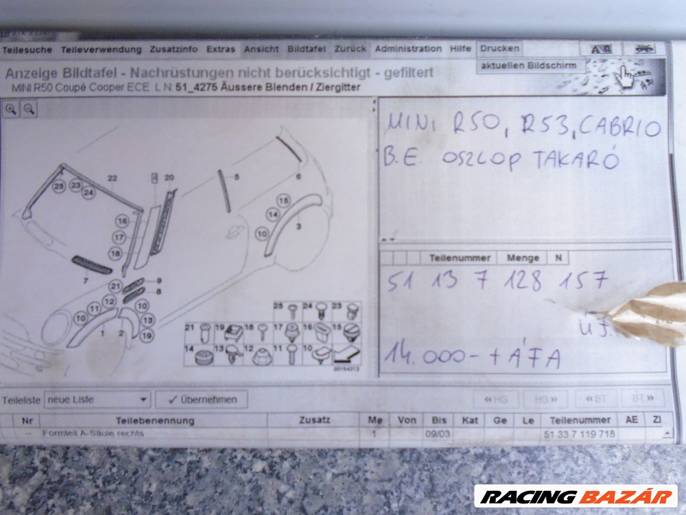 [GYÁRI ÚJ] MINI Bal első oszlop takaró R50 / R53 / Cabrio 3. kép